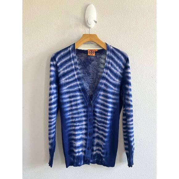 Tory Burch Women’s Cotton Blue Tiger-Dye Buttoned‎ Cardigan Sz S - Picture 1 of 7